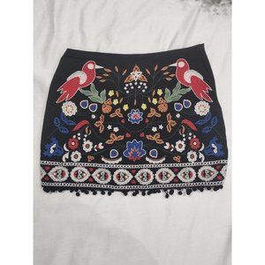 Altar’d State Black Embroidered Bird Pom Pom Mini Skirt Womens Size Medium Lined